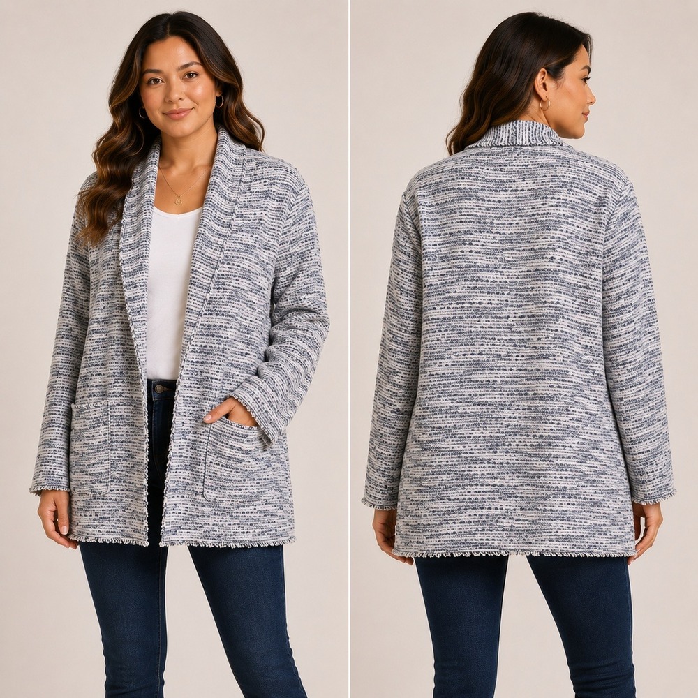 Max Studio Womens 3X Blue White Space Dye Open Front Tweed Jacket 2W06K28 NEW